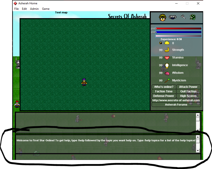 Asherah MMORPG real-time chat system interface showing player communication, system messages, and multiplayer social features