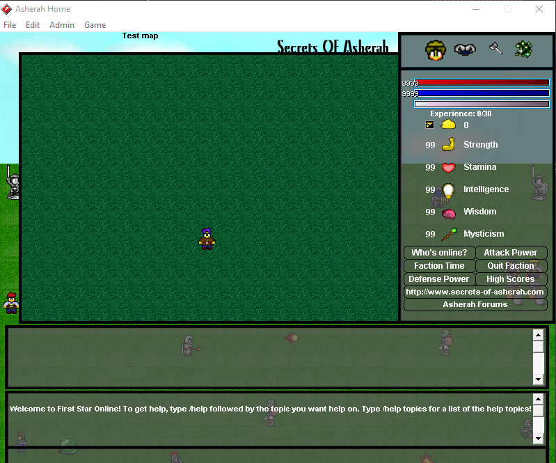 Original Asherah MMORPG gameplay interface displaying character stats, health bars, mana, experience, and classic RPG UI elements with screen-based navigation