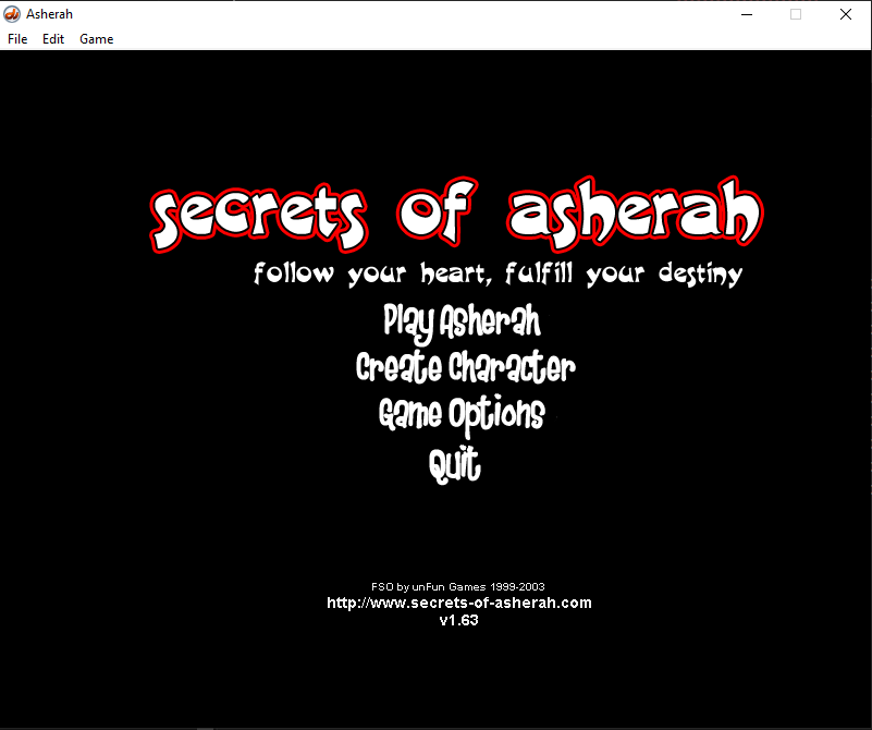 Original Asherah MMORPG main menu interface showing retro gaming design and authentic 2000s MMORPG aesthetics