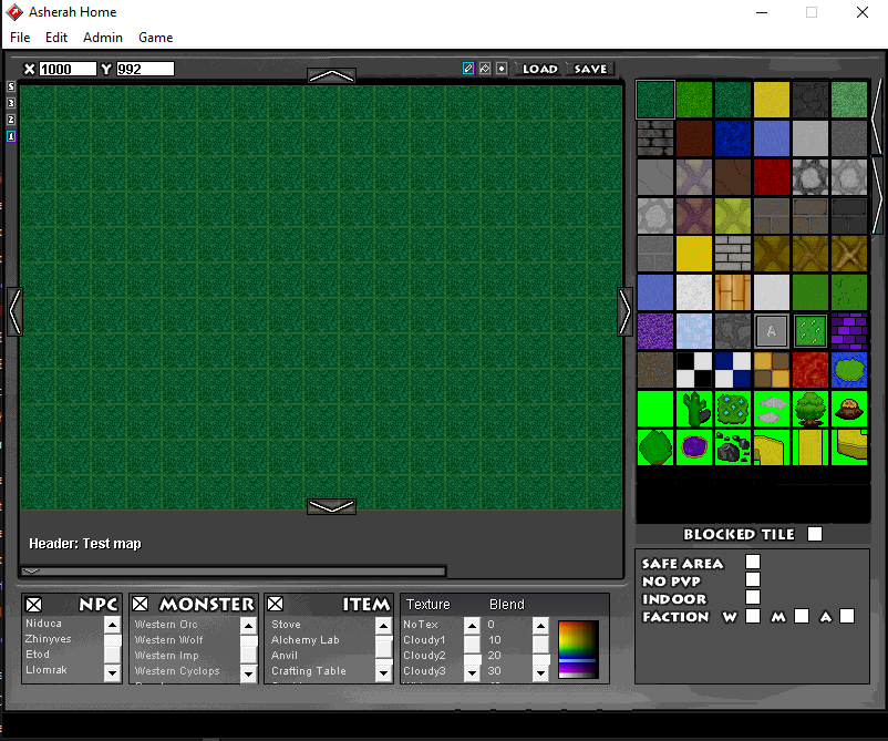 Original Asherah MMORPG world editor interface with coordinate system, tile management, and game development tools for screen-based world creation